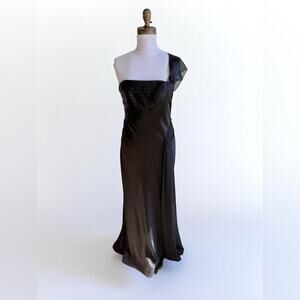 ABS ALLEN SCHWARTZ BLACK SILKY ONE SHOULDER PLEATED BODICE GOWN SIZE 4